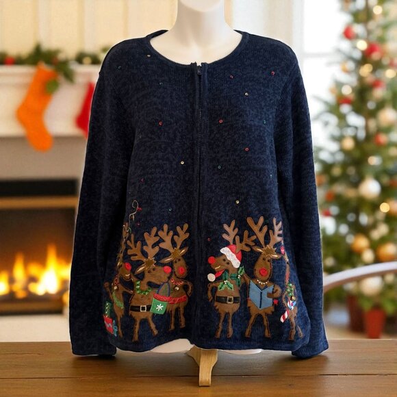 VINTAGE  Blue Christmas Sweater | Singing Reindeer & Festive Lights | Tiara - Picture 10 of 10